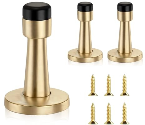 3 Pcs Door Stoppers for Skirtings, Wall Mounted Gold Door Stop with Anti-Collision Rubber Skirting Board for Wall Protector, Easy Installation, Reduce Noise for Hotel Home Office