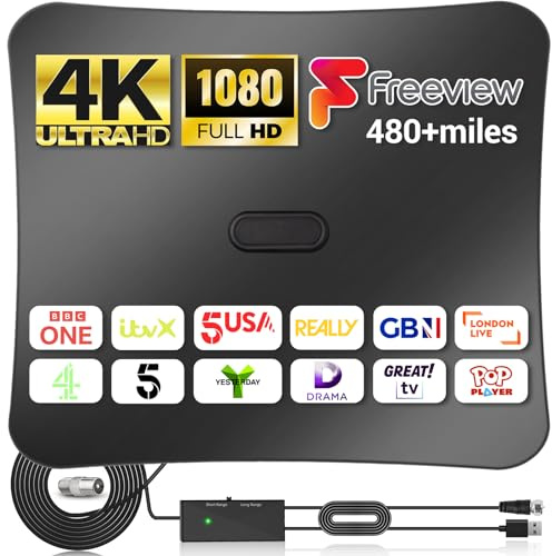 Indoor TV Aerial - 2025 Upgrade Digital Aerial with Booster 350+ Long Range Reception for Freeview TV Support 4K 1080P HDTV & 5M Coax Cable (Flat)