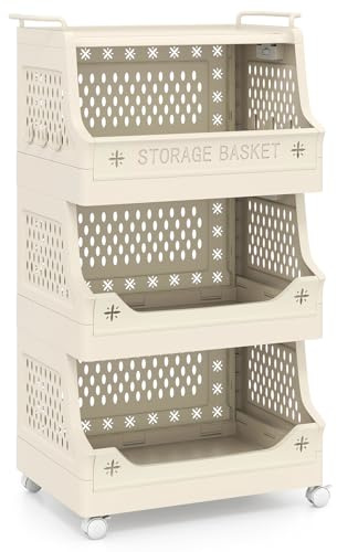 Multigot 3/4/5-Tier Laundry Basket on Wheels, Stackable Plastic Rolling Storage Cart with Handles and 6 Hooks, Foldable Laundry Hamper Dirty Clothes Sorter for Bathroom Bedroom (Beige, 4-Tier)