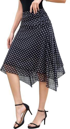 Genfien Jupe pour Femme Superposé Ourlet Asymétrique Tulle Résille | Transparente,Doublée,Taille Haute,Elastiquée,Longueur sous Le Genou,Jupe Trapèze Elégante