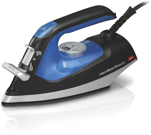 Hamilton Beach 2-in-1 Steam Iron for Clothes and Garment Steamer with 5 Temperature Settings, Nonstick Soleplate, 1200 Watts, 8’ Cord, Black & Blue (14525F)