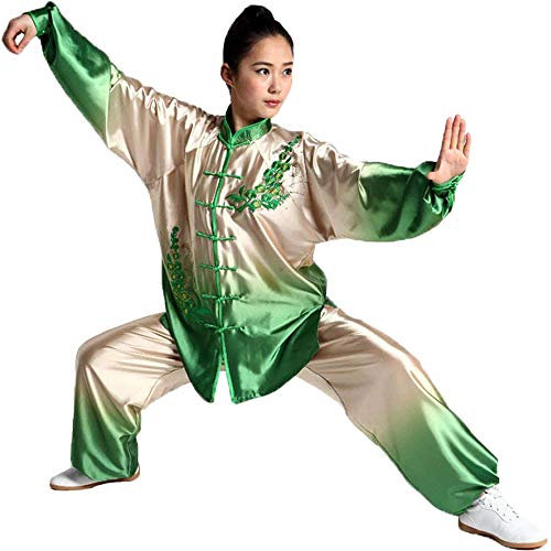 G-LIKE Tai-Chi Uniform Damen Anzug - Chinesische Kampfkunst Taiji Wushu Wing Chun Shaolin Kung Fu Training Kleidung Farbverlauf Farbübergang Lange Ärmel Set (Gruen&Beige, XXL)