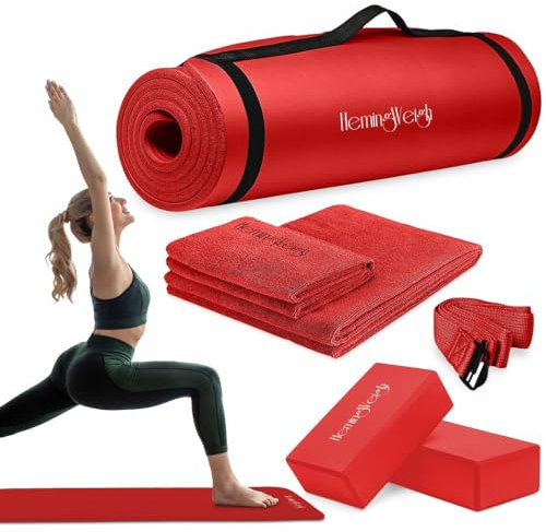 HemingWeigh Yoga-Set, 7-teilig, 1 Yogamatte, 1 Handtuch, 2 Yoga-Blöcke, Yoga-Gurt, Yoga-Handtuch, inklusive Tragetasche, Rot