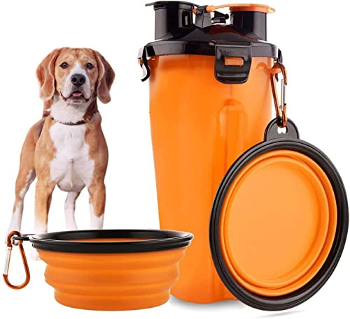 Edipets, Bebedero Comedero Perro Portátil, Botella Agua Perro, Agua y Comida para Mascotas, 2 en 1, 2 Cuencos Tazón de Viaje Plegable Incluidos (Naranja)