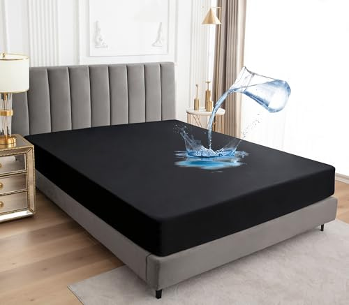 Sufdari Mattress Protector,Waterproof 18 Deep Pocket Mattress Cover Fitted Sheet Style with Elastic Rubber Band,Washable and Easy Care-Black,Queen