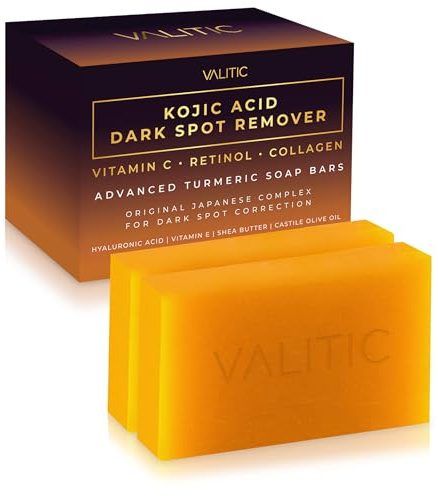 VALITIC Kojic Acid Dark Spot Remover Soap Bars with Vitamin C, Retinol, Collagen, Turmeric - Original Japanese Complex Infused with Hyaluronic Acid, Vitamin E, Shea Butter, Castile Olive Oil (2 Pack)