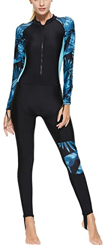 Maeau - Femmes Maillots de bain Imprimée Zip Devant Anti-UV pour Triathlon été Justaucorps de Plage à Séchage Rapide Résistant au Chlore et au Sel Bleu L