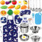 Tonsooze 30Pcs Küchenspielzeug Zubehör Kinderküche Kochgeschirr Edelstahl Pfannenset Schürze und Kochmütze für Gemüse Pretend Spielzeug Rollenspiele Spielküche Outdoor Mädchen und Jungen