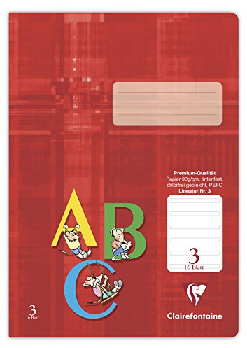 Clairefontaine 331003C – förpackning med 25 skolhäfte DIN A4, 16 ark, 90 g, linjering 3 linjerade för 3:e skolåret, röd, 1-pack