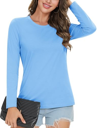MAGCOMSEN Womens Long-Sleeve Shirt Cotton Crew-Neck Casual T-Shirt Breathable Tees Basic Classic-fit Tops, Waterfall Blue, M