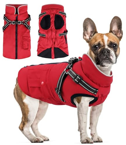 Woiil Hundemantel für Grosse Hunde Warmer Winter Wasserdicht Hundejacke Winddichter Wintermantel kuschelige Reflektierend Ärmellose mit Geschirr Outdoor Rot L