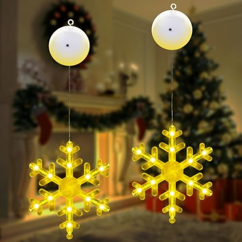 AUAUY Christmas Snowflake Window Lights, 2Pcs Hanging LED Warm White Battery Operated 3 Modes With Suction Cup, for Indoor Home Wedding Party Decorations