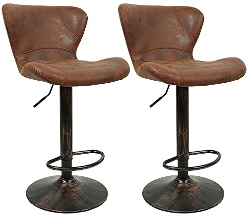 Svängbar barpall barpall vintage brun, barpall industriell frukostbar stolar med retro ryggstöd roterande bar pall, 47,5 x 34 x 88-109 cm (2, vintage brun)