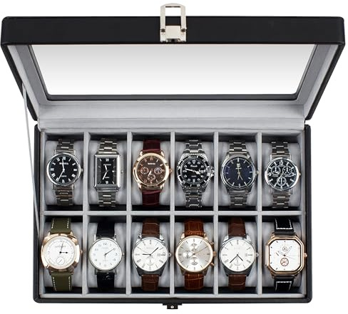 GUKA Watch Box, 12 Slot Watch Case with Large Real Glass Lid, Watch Organizer with Removable Watch Pillow, Black Synthetic Leather Watch Display, Black