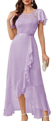Berylove Sommerkleid Damen Spitzenkleid Chiffon Brautjunferkleid Vokuhila Partykleid Abschlusskleid lang Ballkleid BLP7051 Lavender L