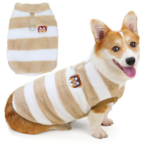 Zunea Gestreifter Hundepullover für kleine und mittelgroße Hunde, Corgi, warme Fleece-Winterjacke, Mäntel mit D-Ring, flauschiger Pullover, Welpenkleidung, weich, warm, kaltes Wetter, Weste, Haustier,