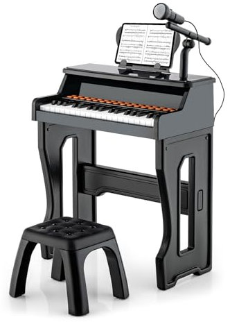 COSTWAY Piano Numérique à 37 Touches Enfants avec Tabouret & Microphone Réglable, Clavier Electronique avec Pupitre Amovible & 22 Démos, Charge 50kg pour Enfants de 3 Ans+ (Noir)