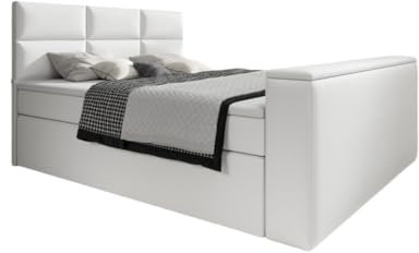 Boxspringbett Carre 180x200 Doppelbett Polsterbett Bett mit TV Lift, USB-Anschluss | Bezug: Kunstleder | Farbe: Weiß | Härtegrad: H4 (100kg+)