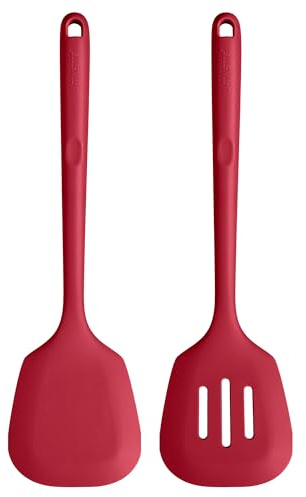 U-Taste Espátula de silicona extra larga: Espátula de cocina sólida y ranurada resistente al calor hasta 315 ℃, aleta de cocina para freír panqueques pescado (Rojo, 2 piezas)