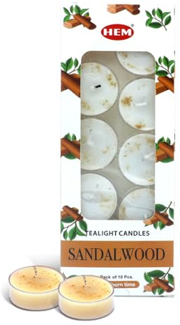 HEM Sandalwood Scented Tealight Candles – Pack of 10 | Natural Soy Wax, Non-Toxic & Long Burning (Up to 5 Hrs Each) | Soothing Aromatherapy Candles for Relaxation, Meditation & Home Décor