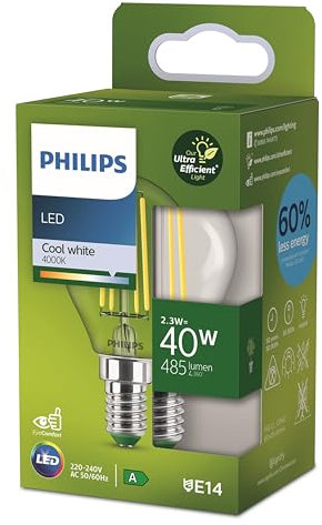 Philips Classic ultra-efficient LED bulb with energy efficiency class A, E14 base, replaces 40W, clear, warm white light, drop shape