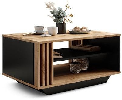 Viosimc Couchtisch, Wohnzimmertisch mit modernen Lamellen, moderner und stilvoller rechteckiger Kaffeetisch mit Ablage, stilvolle Ergänzung für jedes Wohnzimmer – Wotan Eiche & Schwarz