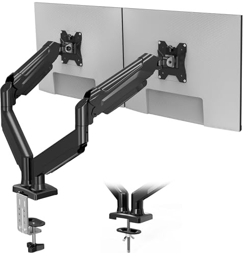 BONTEC Dual Monitor Stand, Adjustable Gas Spring Arms Monitor Desk Mount for 13-32 Inch Screens, VESA 75 & 100mm, 9KG Max Load, C Clamp, Grommet Base, Tilt, Swivel, 360° Rotation, Ergonomic Design
