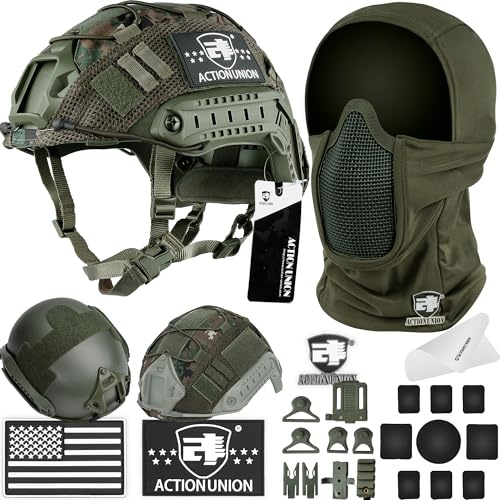 ACTIONUNION Airsoft Helmet and Mask Set Tactical Paintball Helmet and Balaclava Mesh Mask MH Type (OD, Large)