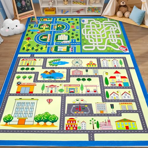 GarveeHome Washable Kids Rug 8x10 ft Kids Carpet Play Mat Car Play Rug, City Life Traffic Road Large Children Educational & Game Area Rug for Toddler Boys Girls Bedroom Playroom Classroom Nursery