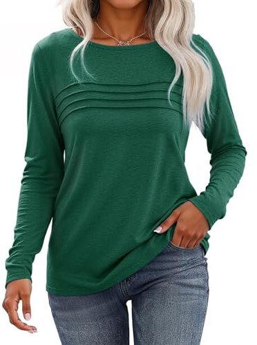 Gyabnw Camiseta Manga Larga Mujer Cuello Redondo Plisada Color Liso | Manga larga, cuello redondo, detalle plisado, acabado de color liso, para ocasiones casuales, estilo elegante y versátil