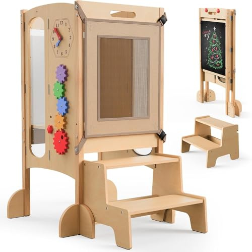 SOFTHOM Pliable Tour d'apprentissage, 5 en 1 Tour d'apprentissage pour Enfants, Montessori Tour d Observation en Bois,Réglable en Hauteur, avec Tableau Noir, Jouets magnétiques, Pré-assemblé