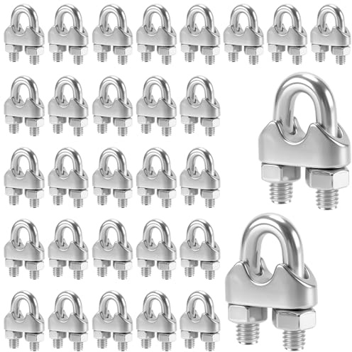 PUCSIQ 30 morsetti per fune metallica da 6 mm, morsetti a U in acciaio inox 304, morsetto per fune con dadi di fissaggio, altezza 32 mm, per fune d'acciaio