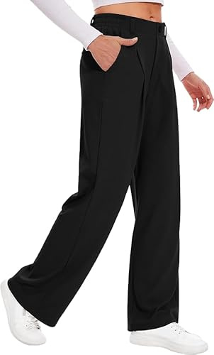 Cegerne Pantaloni Donna Waffle Lunghi Palazzo Eleganti Vita Alta con Tasche Gamba Larga, Nero, L