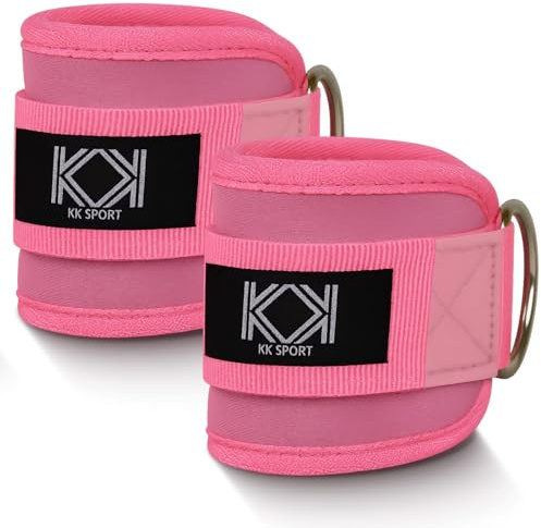 KK Premium Ankle Cuffs for Cable Machines & Gym - Comfort Padded Neoprene Ankle Straps with Metal D-Rings - Heavy Duty Leg Workout Accessories, (Pink)