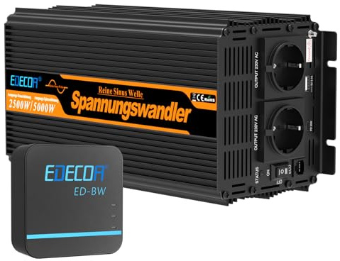 EDECOA Inverter a onda sinusoidale pura da 12 V 230 V 2500 W/5000 W 12 V a 230 V con modulo WiFi, supporta funzioni di applicazione con 1 porta USB e 1 connettore PD
