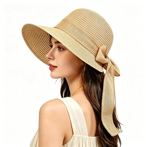 Feelorna Sombrero de paja para mujer, protección UV, sombrero de paja con ala ancha, transpirable, sombrero de playa, sombrero de verano plegable para viajes y vacaciones