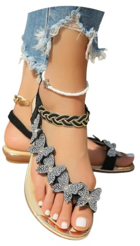 Sandales Élégantes Avec Séparateur D'orteils Femme Sandals Scintillantes | Avec Papillon Strass Sandales D'été À Bande Élastique Chaussures De Mariée Plates for Plage/mariage