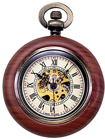TREEWETO Reloj de bolsillo mecánico automático de madera vintage para hombres y mujeres, esfera de esqueleto steampunk con cadena + caja de regalo