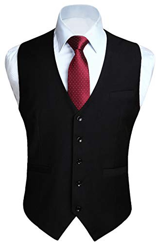 HISDERN Men's Suit Vest Black Business Formal Dress Waistcoat Vest with 3 Pockets for Suit or Tuxedo