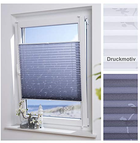 ourdeco® Plissee / 85 x 210 cm Grau, bedrucktes Blumenmotiv Ranke/lichtdurchlässig, Blickdicht/Farbe: Grau Ranke/Klemmen=Montage ohne Bohren=Smartfix=Klemmfix-Plissee=Easy-to-fix