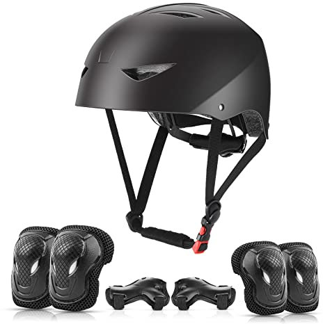 ValueTalks Kinderhelm Skateboard Helm mit Schützer inliner Schutzausrüstung Kinder Schonerset Protektoren Helm für inliner Skateboard Fahrrad Rollschuh 54-58cm Kopfumfang (Schwarz)