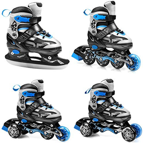 4 in 1 Inlineskates für Kinder und Jugendliche bis zu einem Maximalgewicht von 60 kg, verstellbare Größe, 2 x 2 Schienen, Kugellager ABEC-7 Carbon, Raddurchmesser je nach Größe