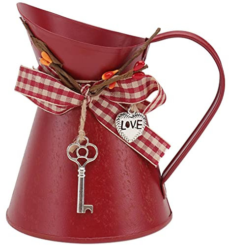 Rustic Red Iron Kettle Shaped Flower Pot - Vintage Farmhouse Decorative Bucket for Home, Garden, Weddings, and Events