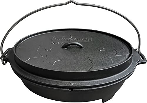 Grillfürst flacher Dutch Oven ca. 6,5 Liter - stabil stehender Feuertopf durch speziell entwickelte T-Füße, hitzebeständiger Gusseisen Topf, Deckel als Pfanne nutzbar, oval, DO 6,5