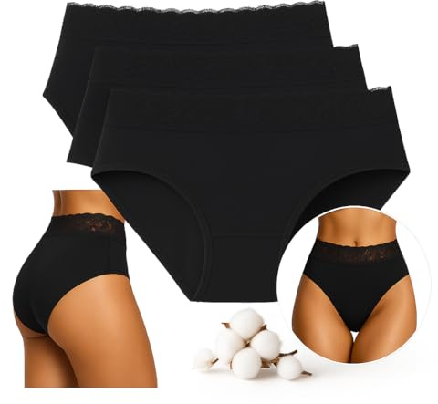 Bragas Menstruales de Algodón Orgánico, Juego de 3, Lavable y Reutilizable, Ultra Absorbente, Ropa Interior Femenina, Negro , medium