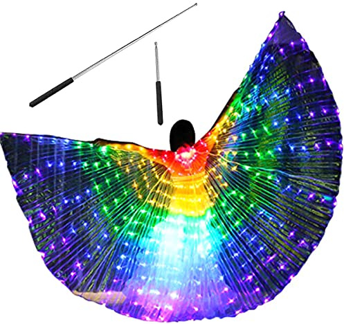 Ailes d'Isis à LED colorées pour danse du ventre - Ailes de papillon à LED colorées avec bâtons télescopiques - Costume de performance lumineux pour carnaval, Noël, Halloween, fête, cosplay, danse