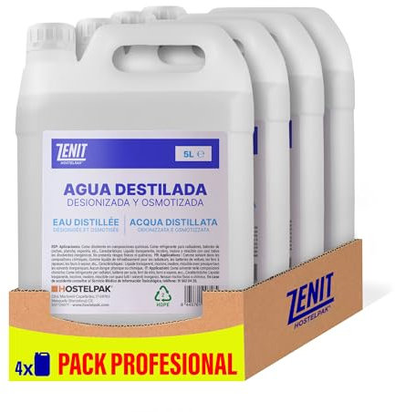Hostelpak - Acqua distillata deionizzata e osmotizzata | Cura tessile professionale | Purezza eccezionale | Ideale per lavanderia, 5 l (confezione da 4)