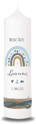 VILLA ROSA LOTTA - Personalisierbare Taufkerze Kommunionkerze Laurenz mit Wunschdaten und Rückseite I Regenbogen blau I 25 cm x 7 cm I Taufkerzen für Jungen und Mädchen I Farbe elfenbein weiß