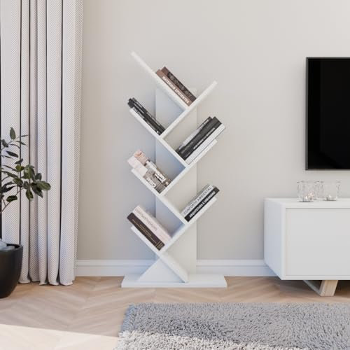 ComfortCove Baum Bücherregal, Schreibtisch Bücherregal, Bodenstehendes Bücherregal, Lagerregal für Wohnzimmer, Heimbüro, Schlafzimmer oder Küche, 7 Regale, Weiß