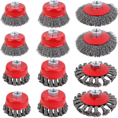 INREPRO 12 piezas Cepillo para Taladro de Alambre M14, Cepillo Alambre Taladro para Amoladora Angular, para Lijar y Eliminar óxido y Pintura, Diámetro de 75 mm y 100 mm
